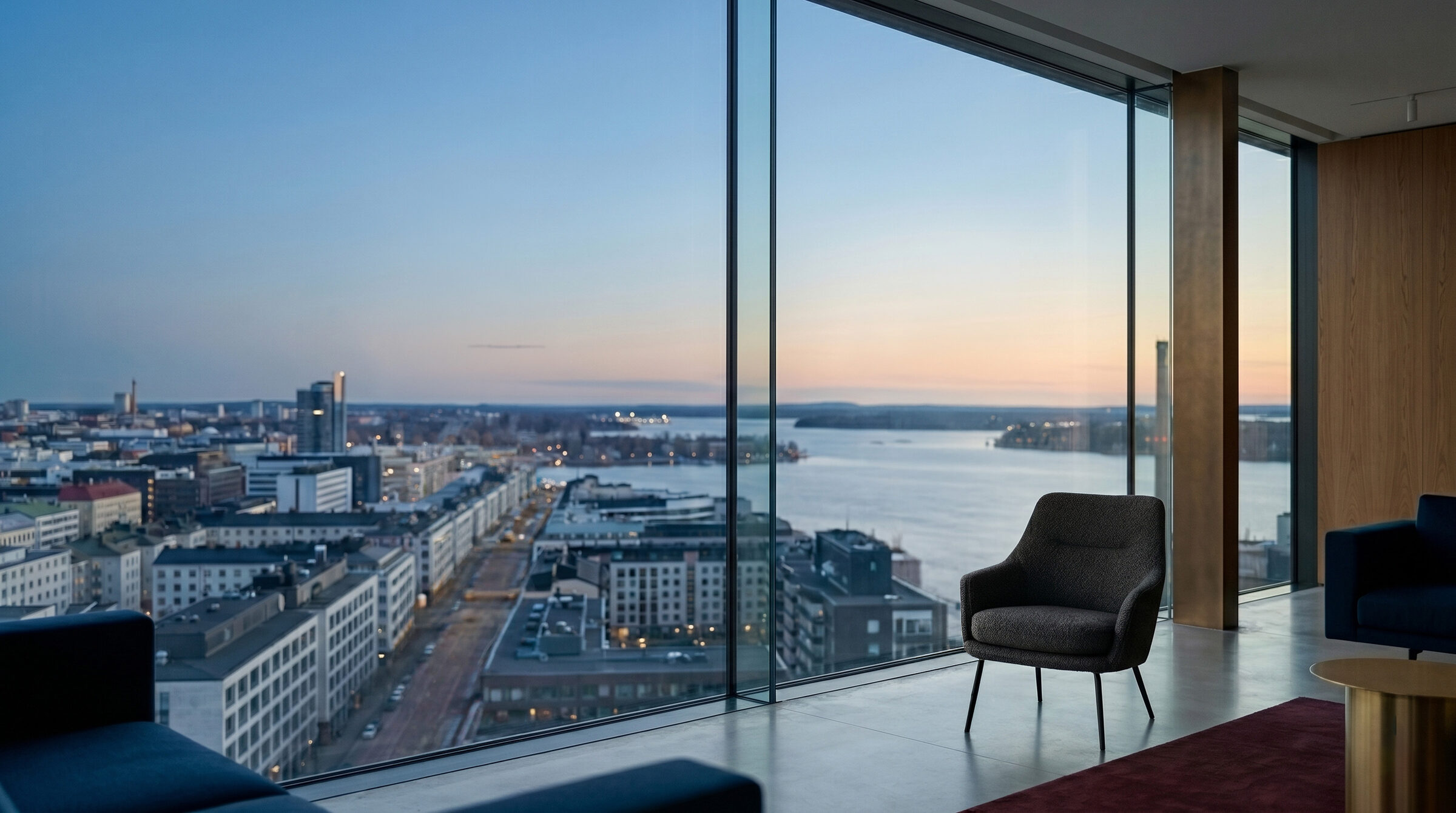 A premium office overlooking the city and water at dusk